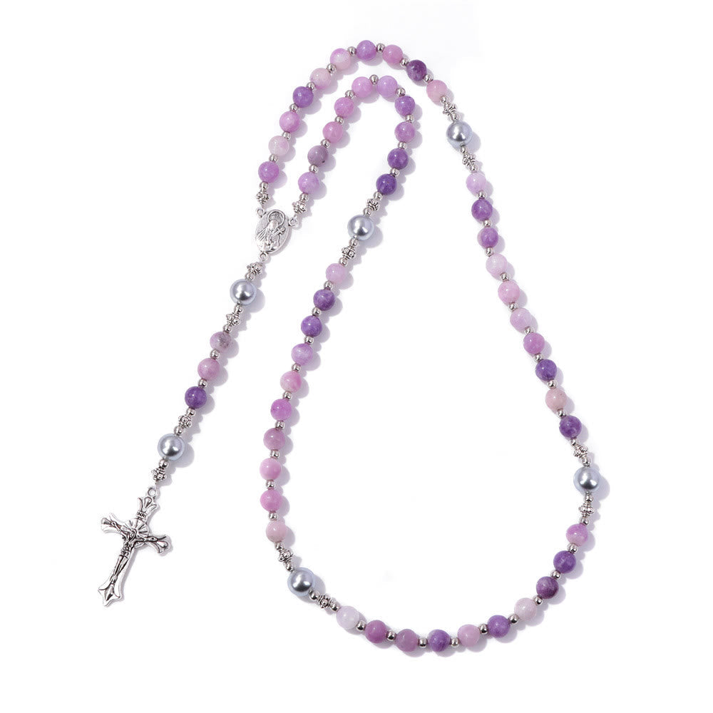 Natural Stone & Pearl Our Lady Medal Prayer Rosary