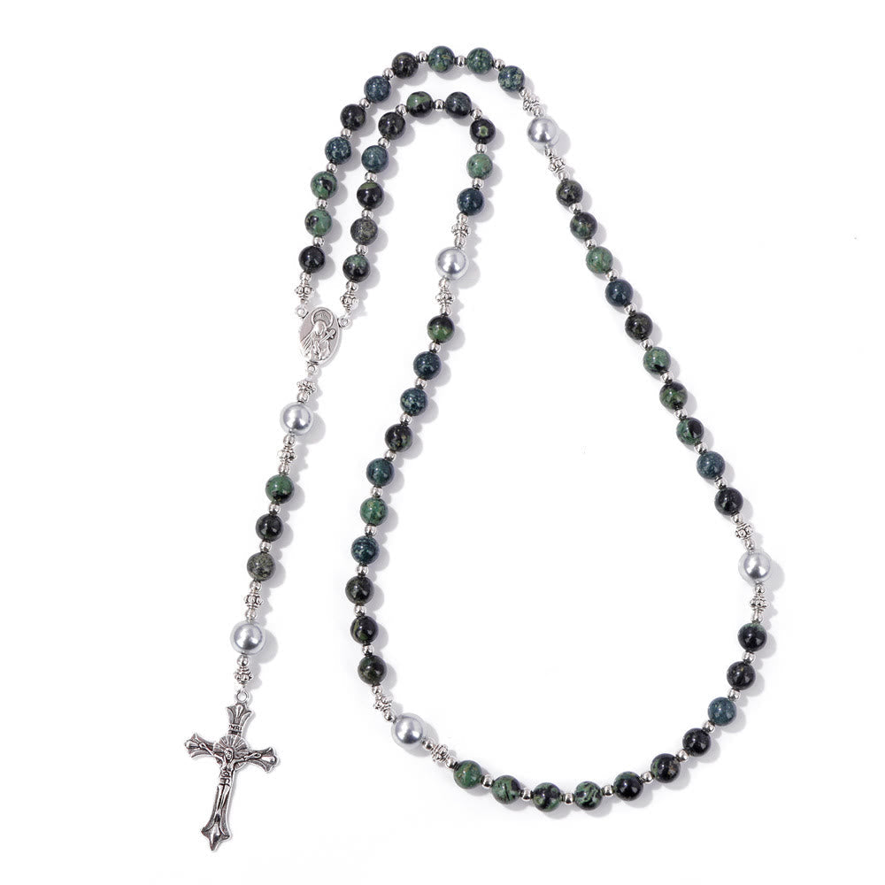Natural Stone & Pearl Our Lady Medal Prayer Rosary