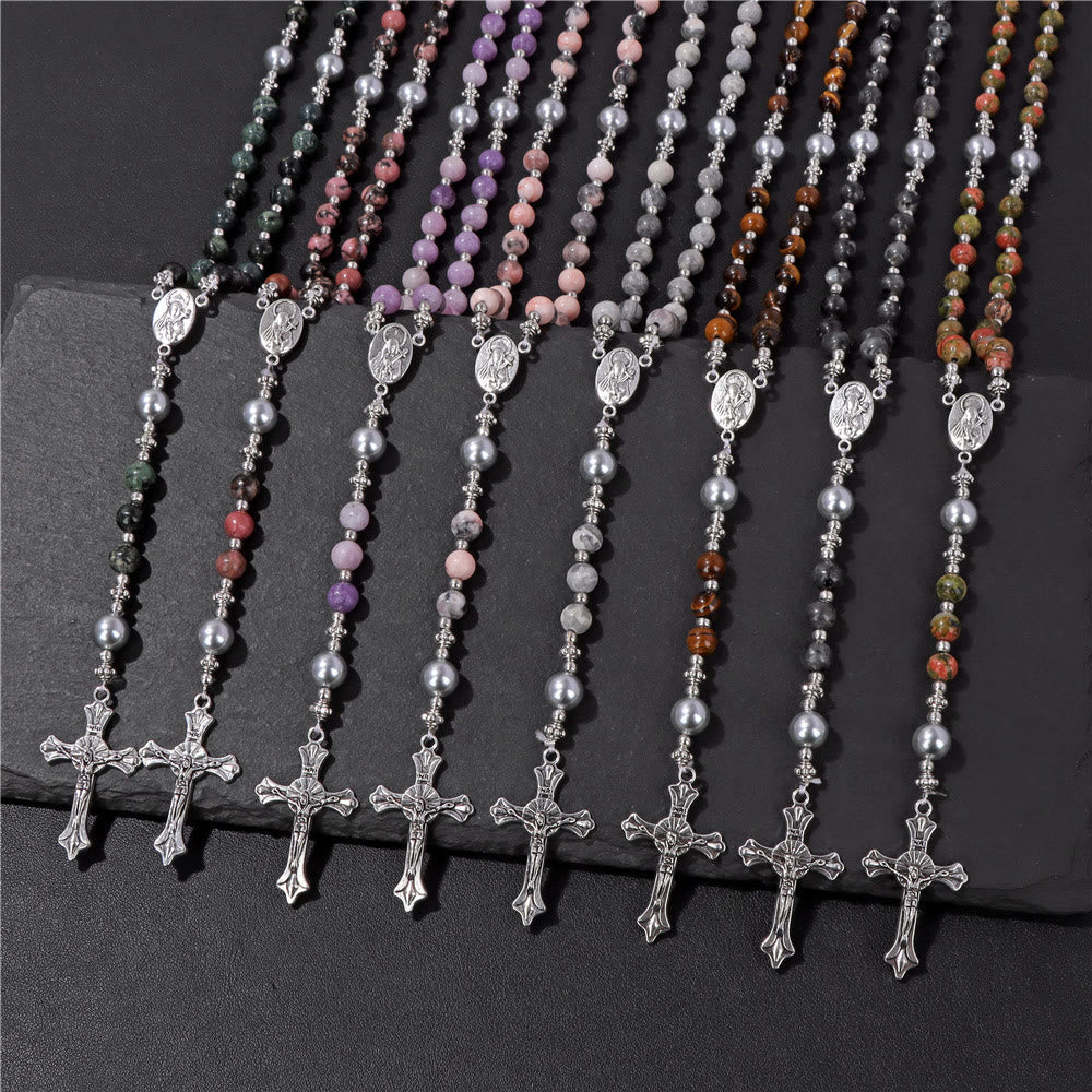 Natural Stone & Pearl Our Lady Medal Prayer Rosary