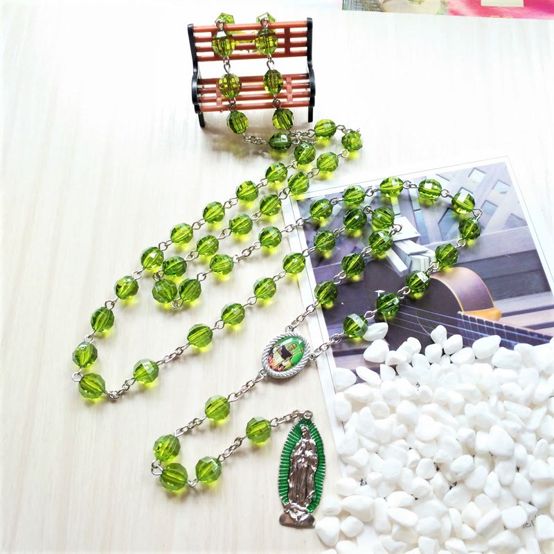 Saint Jude Thaddeus & Our Lady of Guadalupe of 8 mm Polyhedron Green Crystal Alloy Chain Rosary