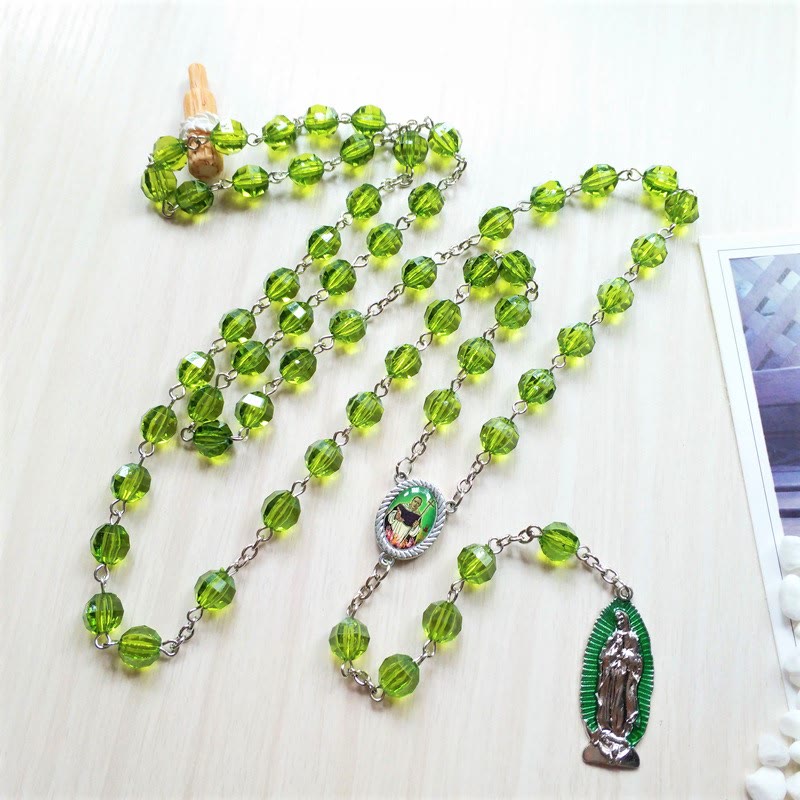 Saint Jude Thaddeus & Our Lady of Guadalupe of 8 mm Polyhedron Green Crystal Alloy Chain Rosary