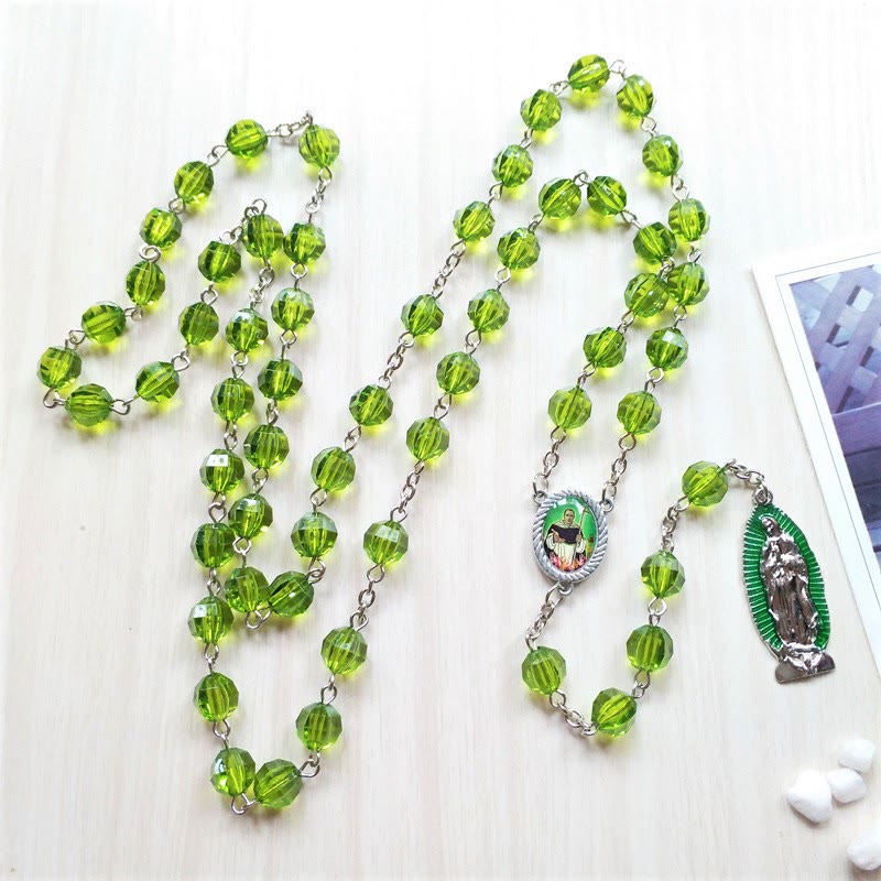 Saint Jude Thaddeus & Our Lady of Guadalupe of 8 mm Polyhedron Green Crystal Alloy Chain Rosary