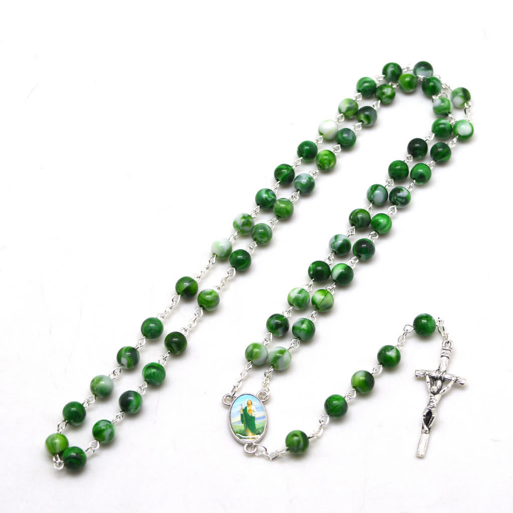 Saint Jude Thaddeus & Crucifix of 8 mm Round Green Acrylic Alloy Chain Rosary