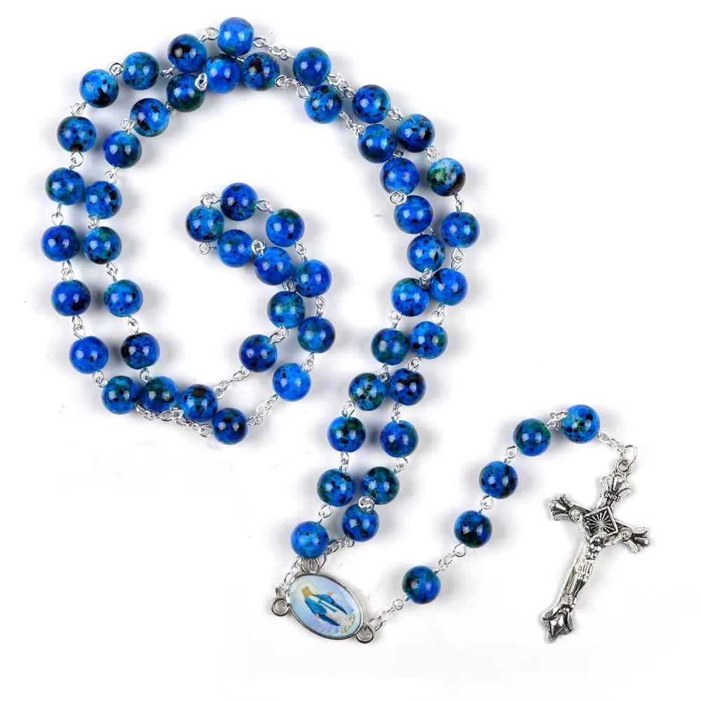 Assumption of Our Lady & Pardon Crucifix of 6 mm Round Blue Natural Stone Alloy Chain Rosary