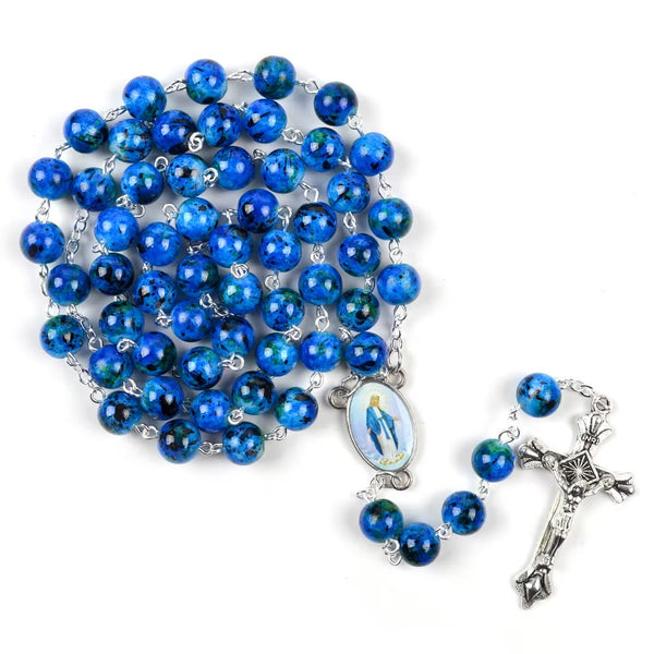 Assumption of Our Lady & Pardon Crucifix of 6 mm Round Blue Natural Stone Alloy Chain Rosary