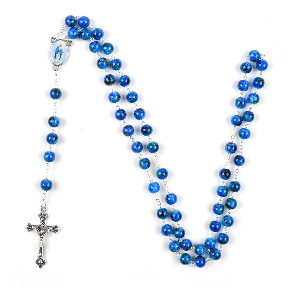 Assumption of Our Lady & Pardon Crucifix of 6 mm Round Blue Natural Stone Alloy Chain Rosary