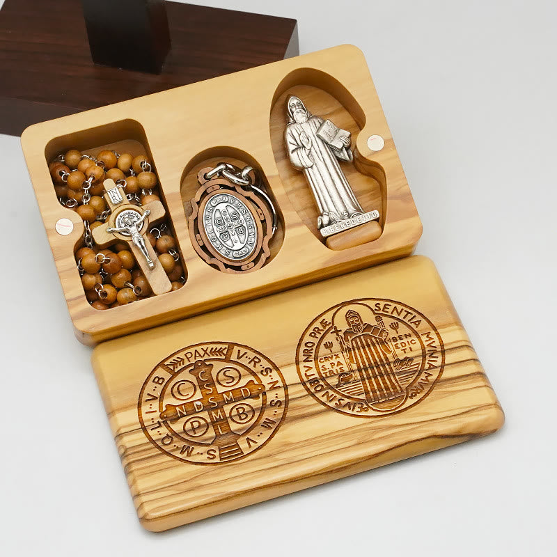 Classic Style Devotional St. Benedict Olive Wood Rosary Set