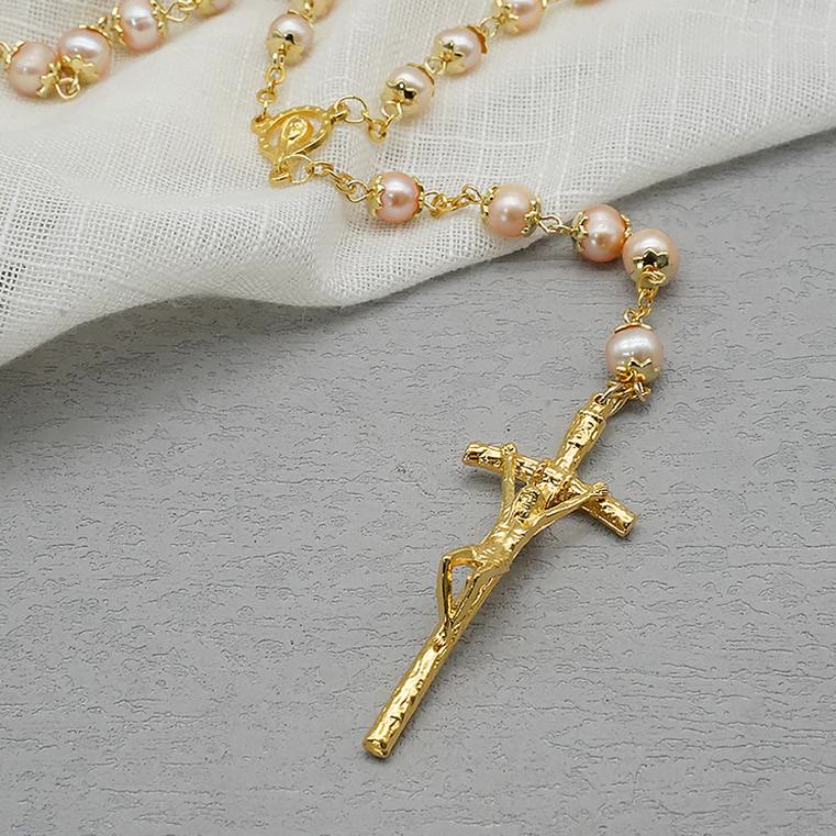 Virgin Mary & Crucifix of 7*8 mm Round Champagne Pearl Alloy Chain Rosary