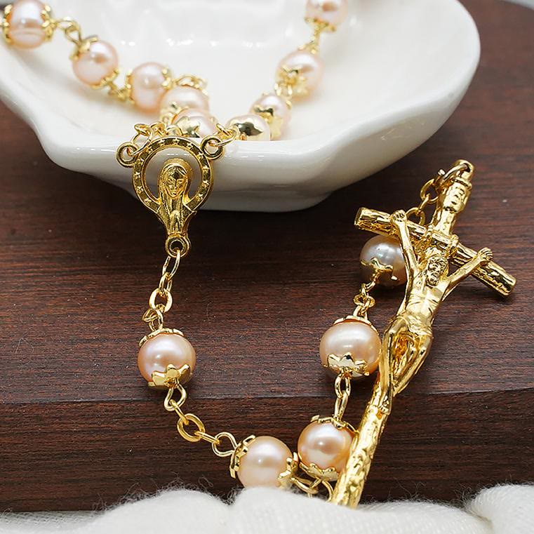 Virgin Mary & Crucifix of 7*8 mm Round Champagne Pearl Alloy Chain Rosary