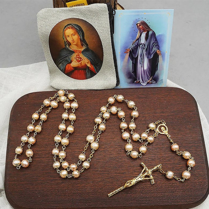 Virgin Mary & Crucifix of 7*8 mm Round Champagne Pearl Alloy Chain Rosary