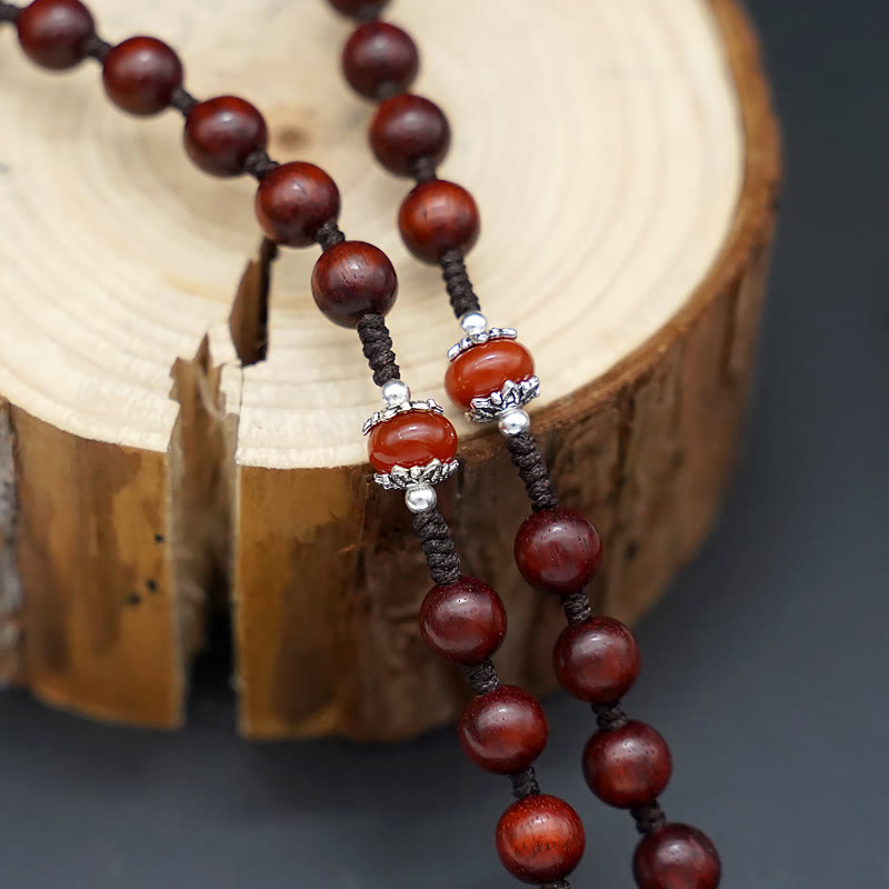 Jesus Cross of 8 mm Round Brown/Black Sandalwood Nylon Cord Rosary