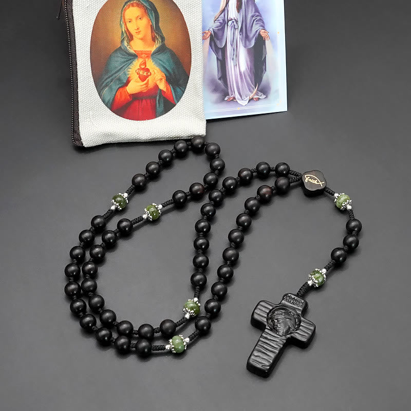 Jesus Cross of 8 mm Round Brown/Black Sandalwood Nylon Cord Rosary