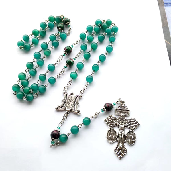Miraculous Medal & St. Benedict Medal & Crucifix of 8 mm Round Green Cat's Eye Stone Alloy Chain Rosary