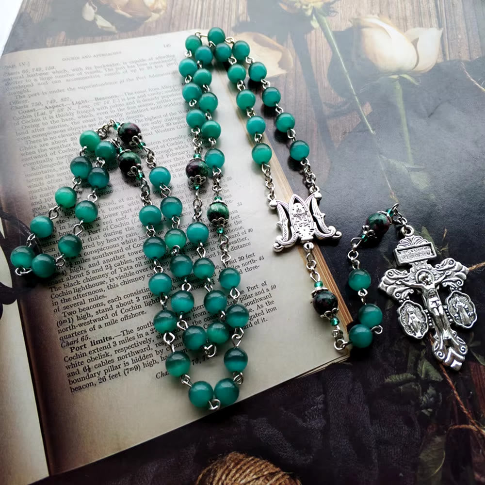 Miraculous Medal & St. Benedict Medal & Crucifix of 8 mm Round Green Cat's Eye Stone Alloy Chain Rosary