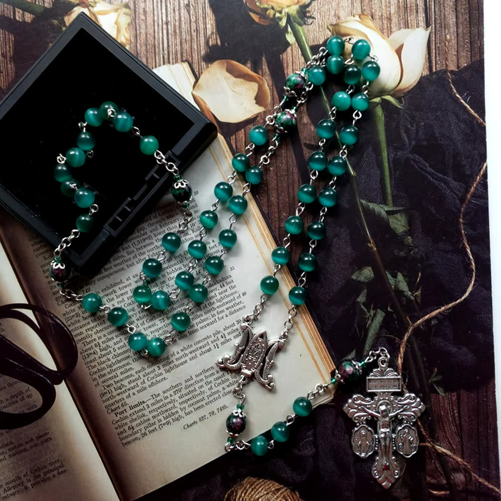 Miraculous Medal & St. Benedict Medal & Crucifix of 8 mm Round Green Cat's Eye Stone Alloy Chain Rosary