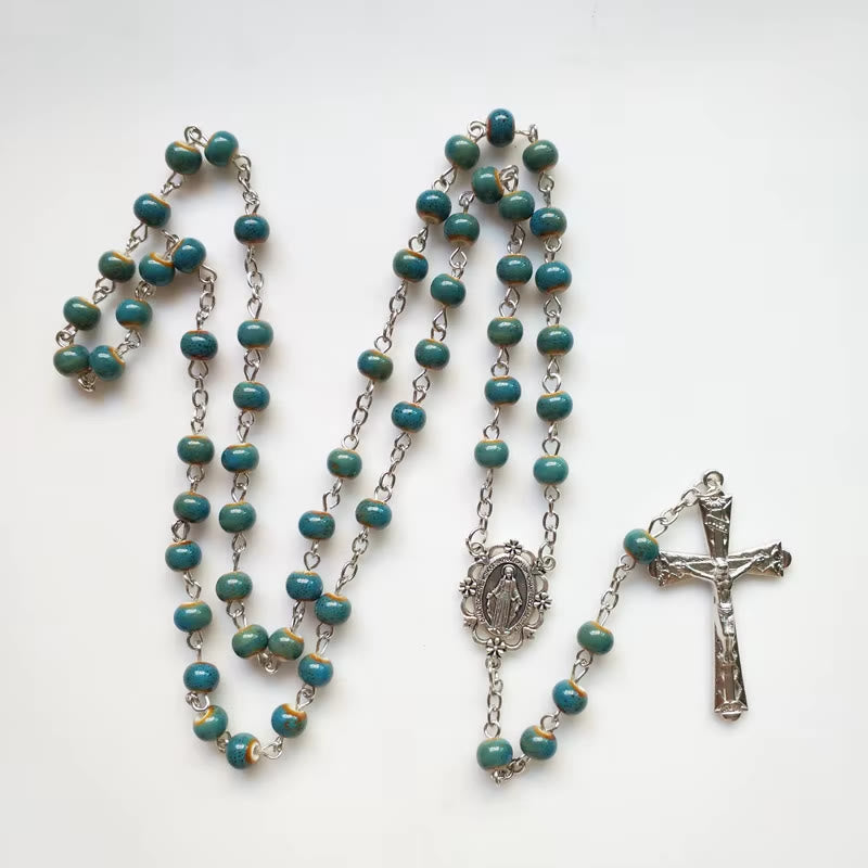 Miraculous Medal & Crucifix of 6 mm Round Blue Ceramic Alloy Chain Rosary