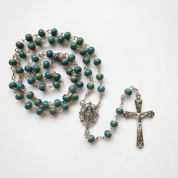 Miraculous Medal & Crucifix of 6 mm Round Blue Ceramic Alloy Chain Rosary