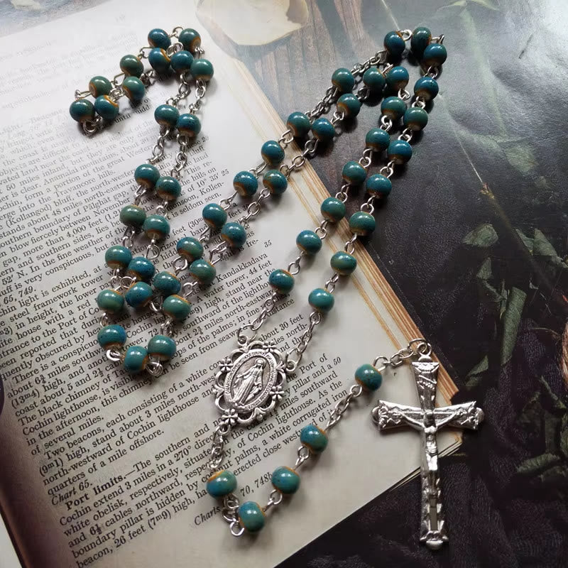 Miraculous Medal & Crucifix of 6 mm Round Blue Ceramic Alloy Chain Rosary