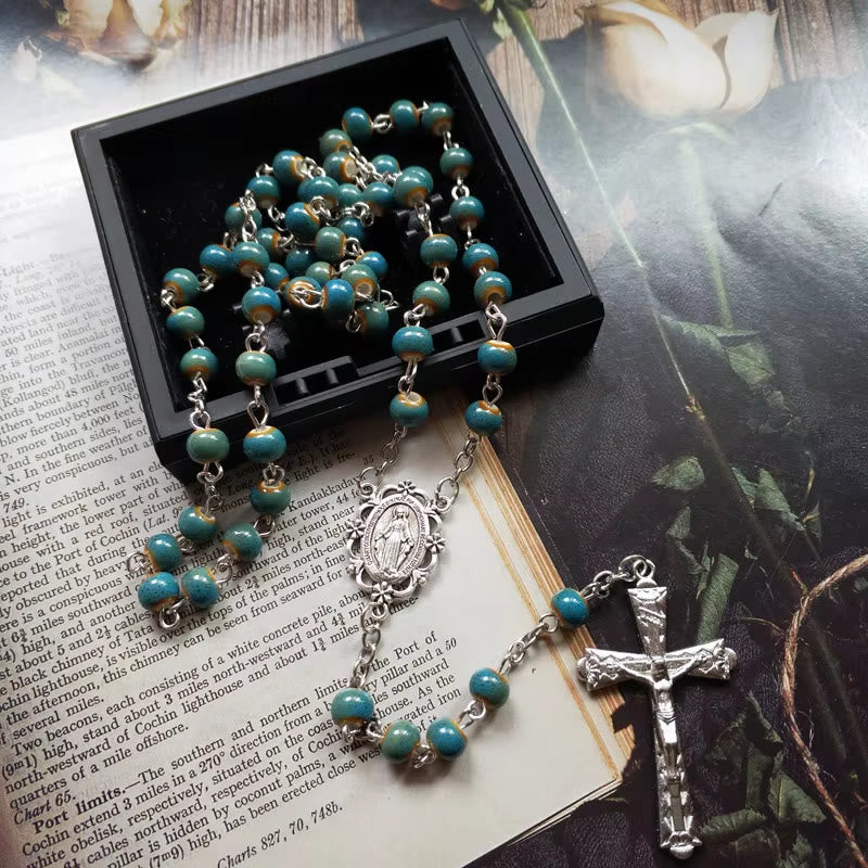 Miraculous Medal & Crucifix of 6 mm Round Blue Ceramic Alloy Chain Rosary
