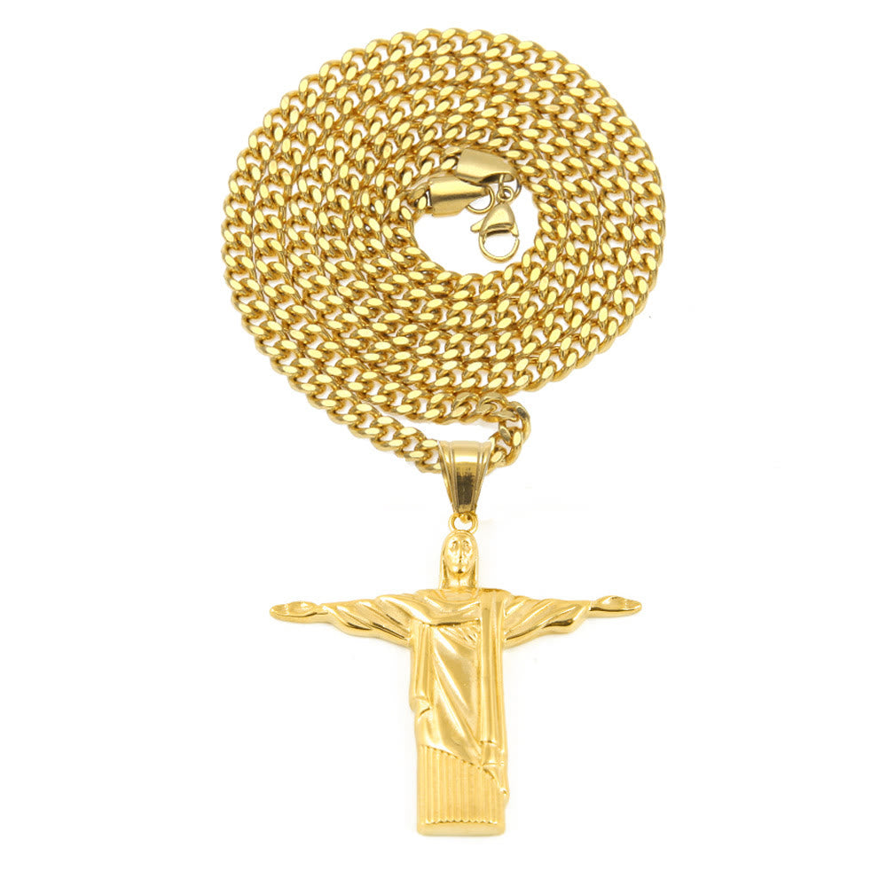 Classic Style Majestic Golden Finish Christ the Redeemer Pendant Necklace