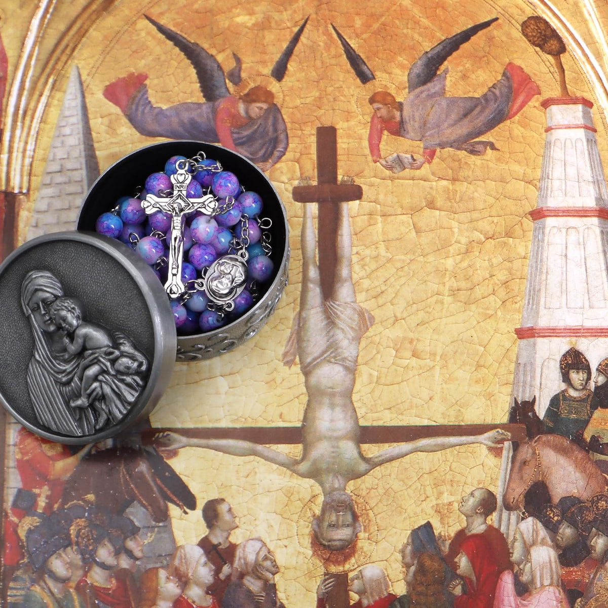 Madonna and Child & Crucifix of 8 mm Round Multicolor Acrylic Alloy Chain Rosary