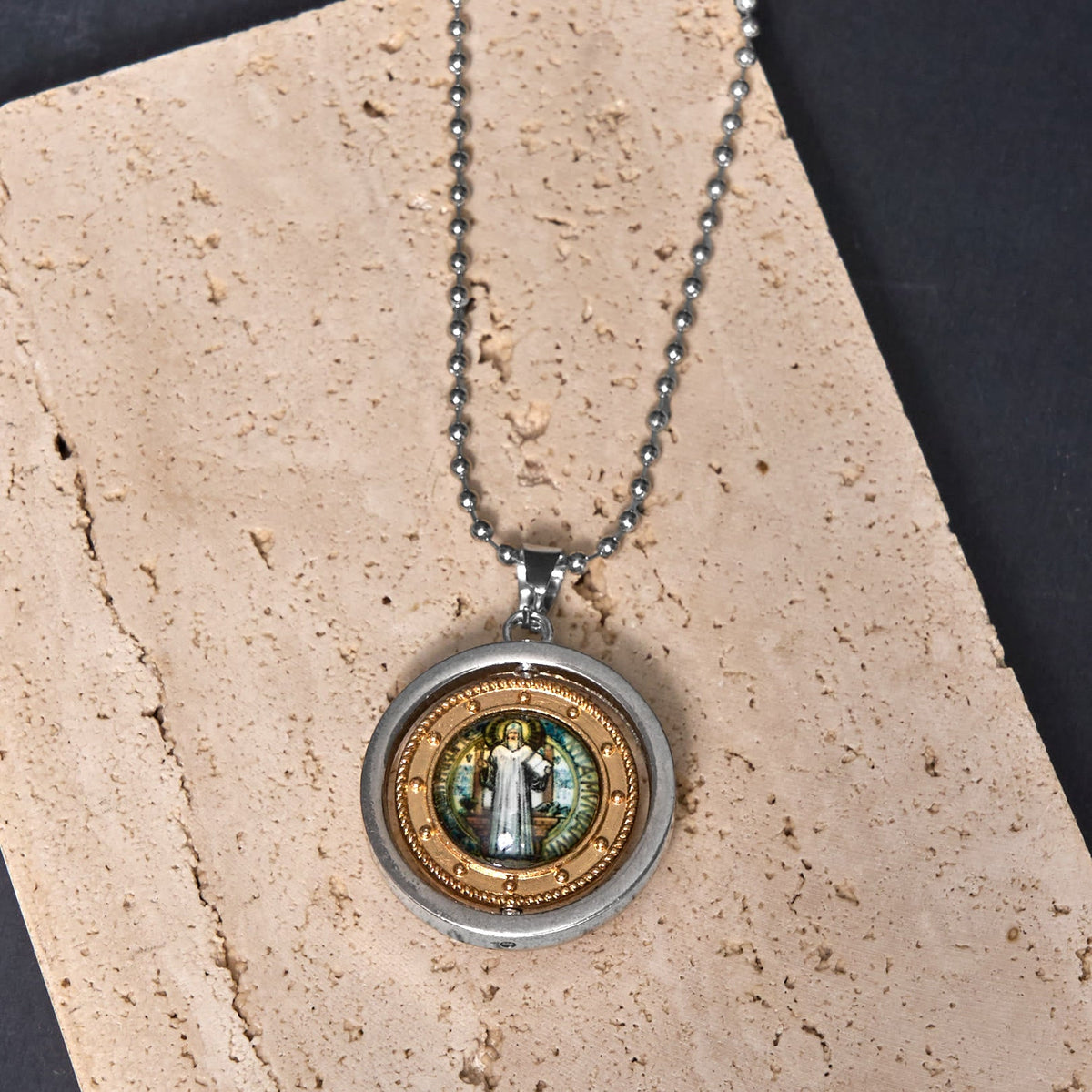Retro Style Jesus St. Benendict Vrigin Mary Icon Rotating Pendant Necklace