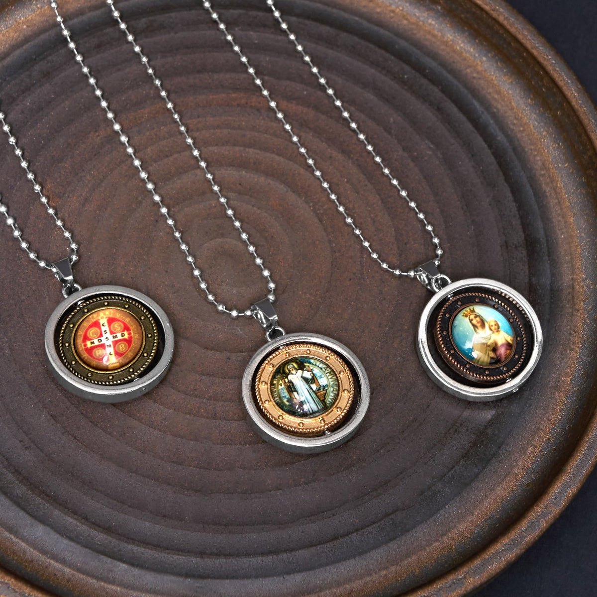 Retro Style Jesus St. Benendict Vrigin Mary Icon Rotating Pendant Necklace