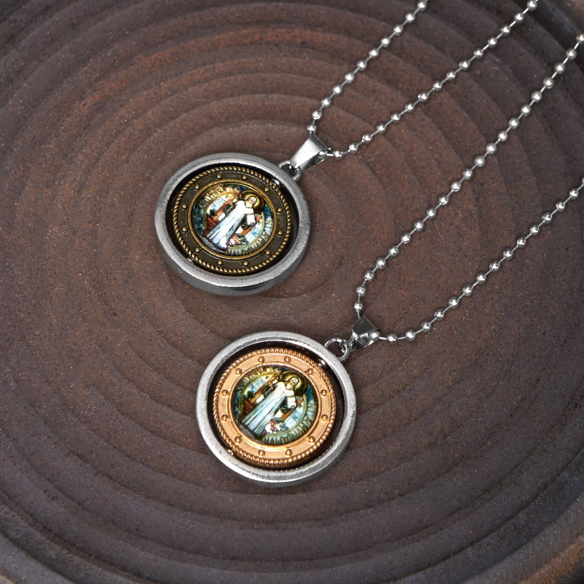 Retro Style Jesus St. Benendict Vrigin Mary Icon Rotating Pendant Necklace