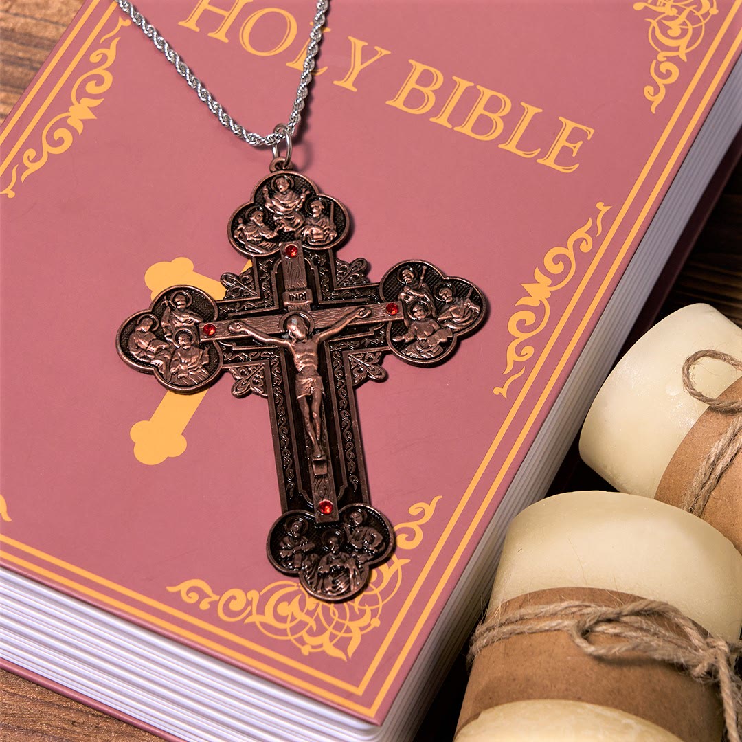 Classic Style Ornate Crucifix with All Saint Iconography & Red Gems Accents Pendant Necklace