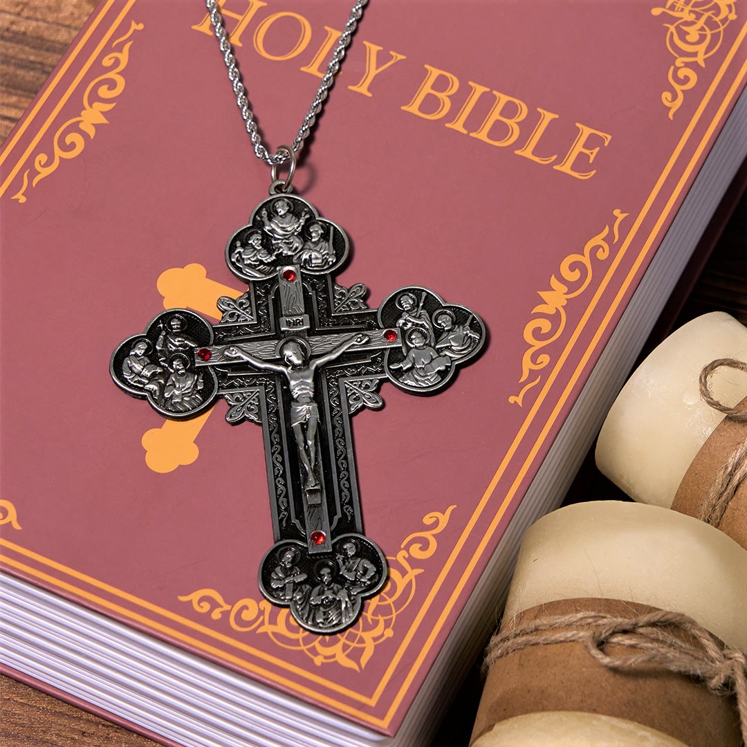 Classic Style Ornate Crucifix with All Saint Iconography & Red Gems Accents Pendant Necklace