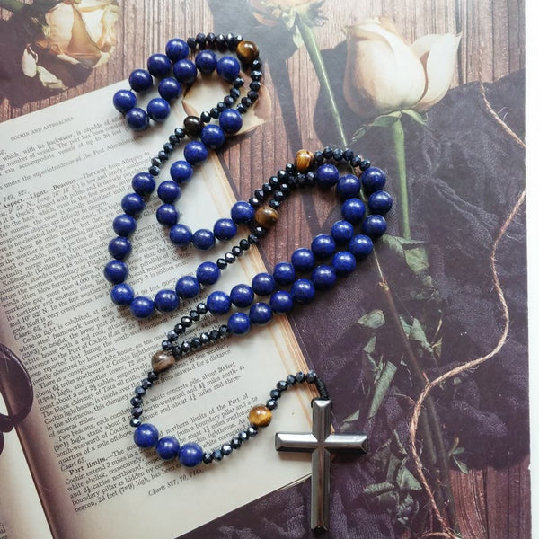 Cross of 4*8 mm Round Blue Hematite Bluestone Nylon Cord Rosary