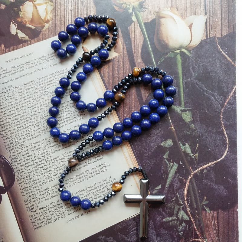 Cross of 4*8 mm Round Blue Hematite Bluestone Nylon Cord Rosary