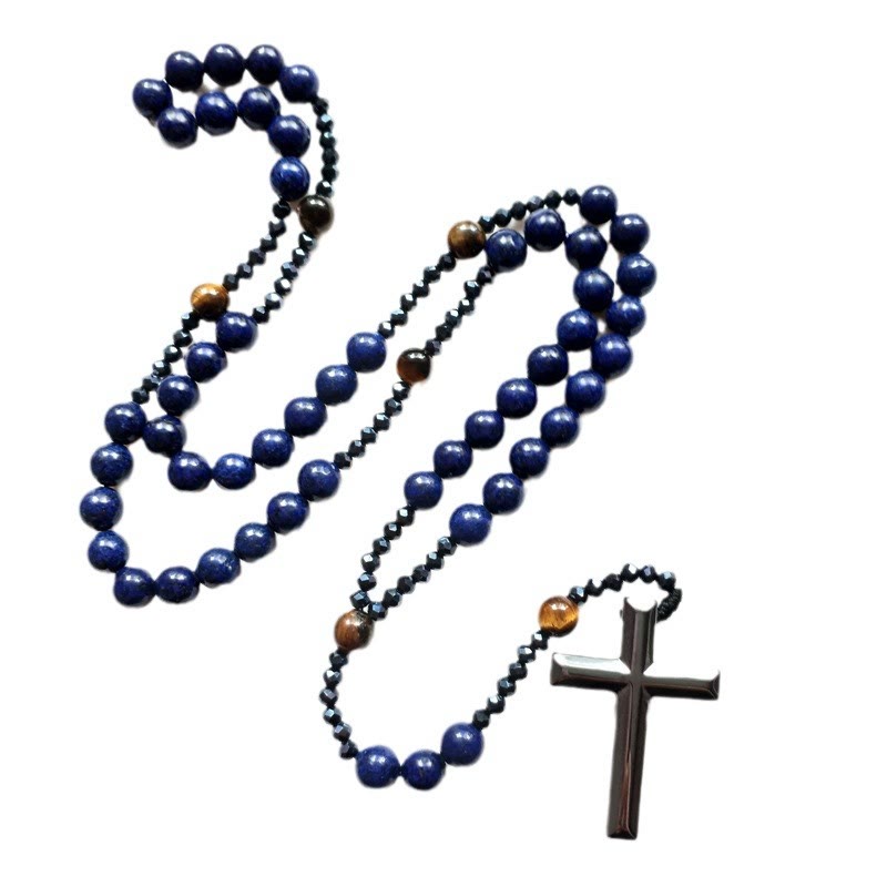 Cross of 4*8 mm Round Blue Hematite Bluestone Nylon Cord Rosary