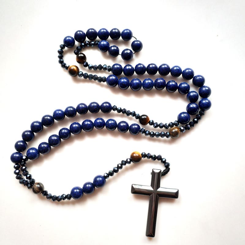 Cross of 4*8 mm Round Blue Hematite Bluestone Nylon Cord Rosary