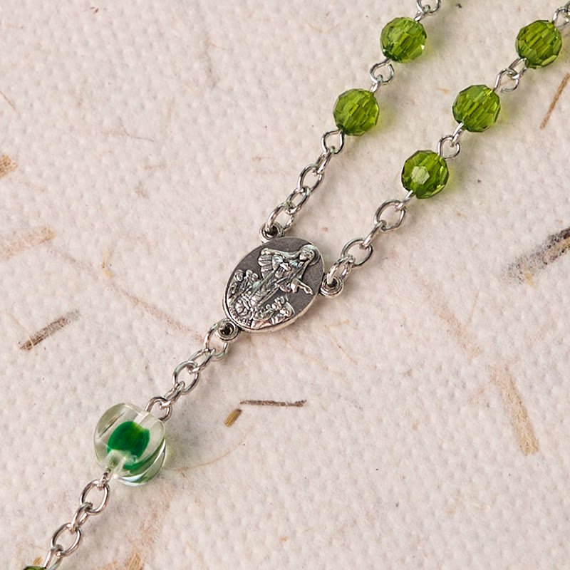 Assumption of Virgin Mary & Crucifix of 6 mm Polyhedron Green Crystal Alloy Chain Rosary