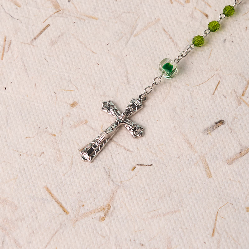 Assumption of Virgin Mary & Crucifix of 6 mm Polyhedron Green Crystal Alloy Chain Rosary