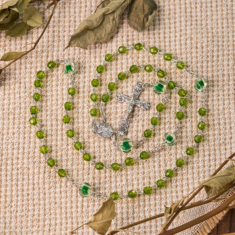 Assumption of Virgin Mary & Crucifix of 6 mm Polyhedron Green Crystal Alloy Chain Rosary