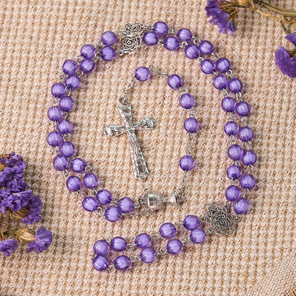 Holy Gail & Crucifix of 8 mm Round Purple Acrylic Alloy Chain Rosary