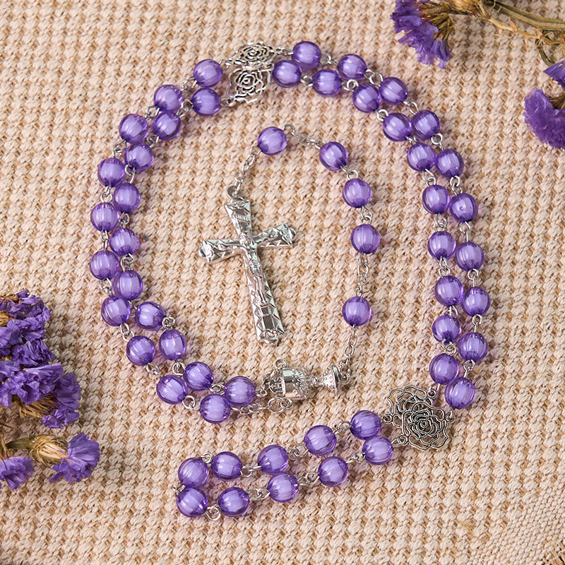 Holy Gail & Crucifix of 8 mm Round Purple Acrylic Alloy Chain Rosary