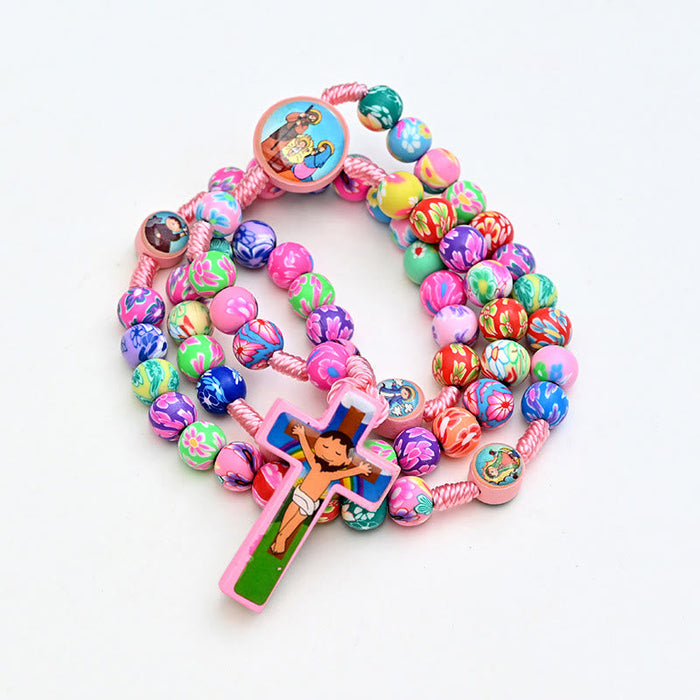 Holy Family & Crucifix of 8 mm Round Multicolor Polymer Clay Nylon Cord Rosary