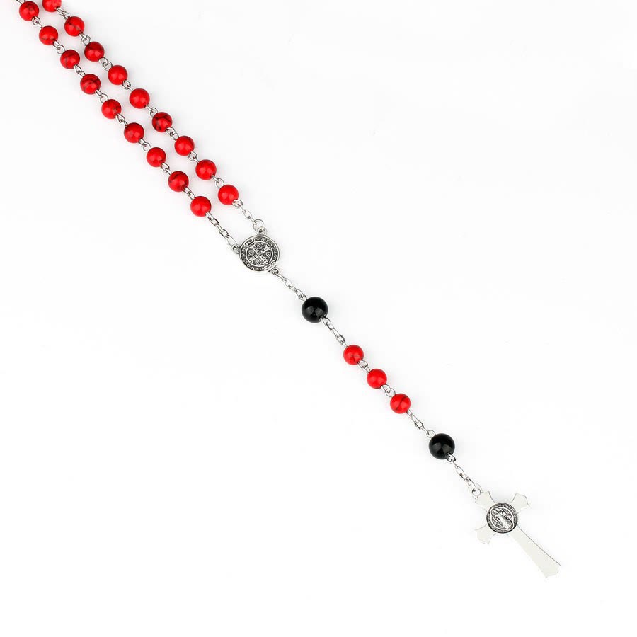 St. Benedict Medal & Crucifix of 6mm Round Red Turquoise Alloy Chain Rosary