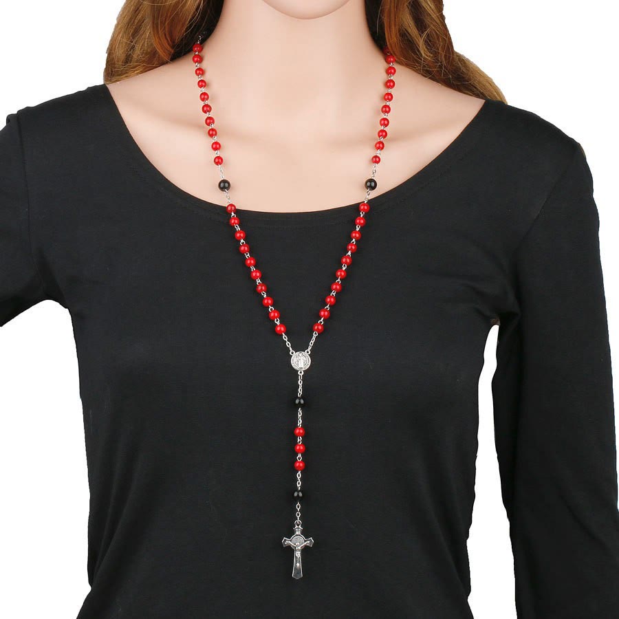 St. Benedict Medal & Crucifix of 6mm Round Red Turquoise Alloy Chain Rosary