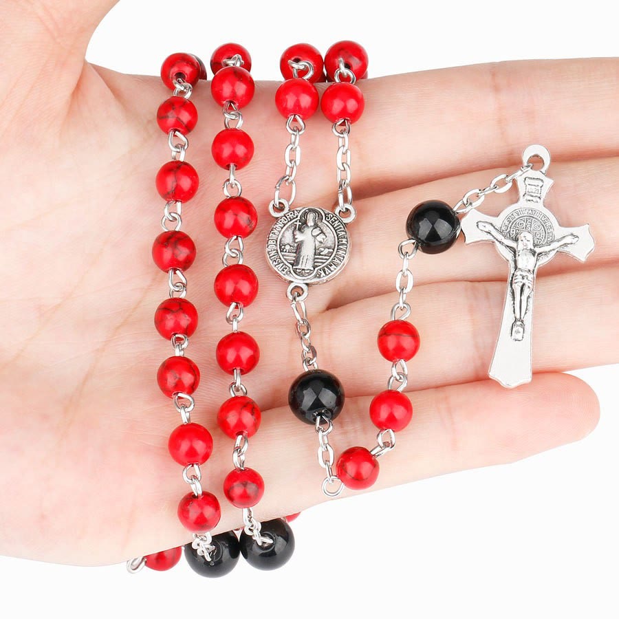 St. Benedict Medal & Crucifix of 6mm Round Red Turquoise Alloy Chain Rosary