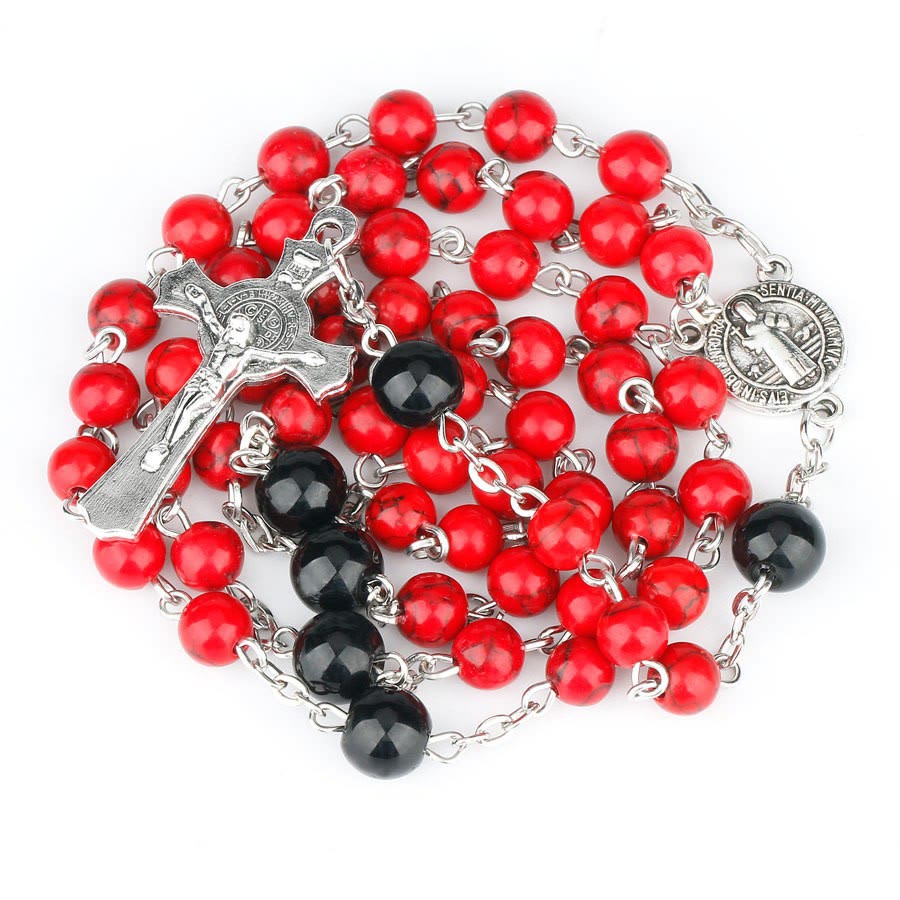 St. Benedict Medal & Crucifix of 6mm Round Red Turquoise Alloy Chain Rosary