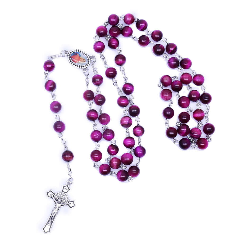 Immaculate Heart of Mary & Crucifix of 8 mm Round Purple Stone Alloy Chain Rosary