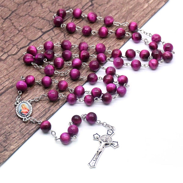 Immaculate Heart of Mary & Crucifix of 8 mm Round Purple Stone Alloy Chain Rosary