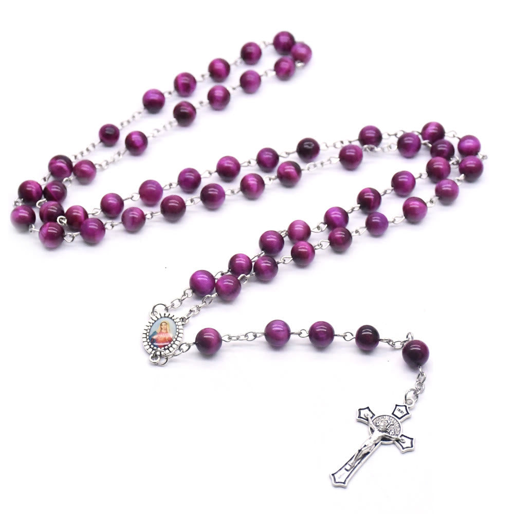 Immaculate Heart of Mary & Crucifix of 8 mm Round Purple Stone Alloy Chain Rosary