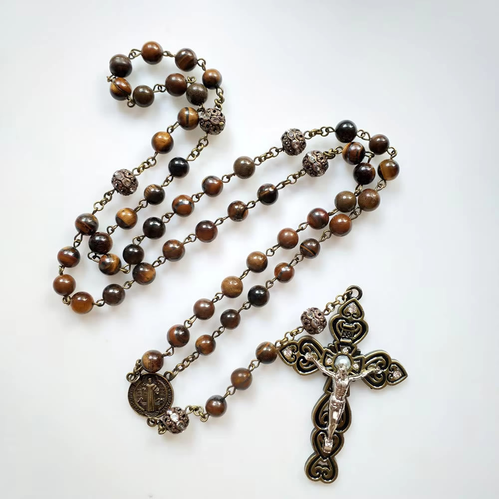 St. Benedict & Crucifix of 8 mm Round Brown Stone Alloy Chain Rosary