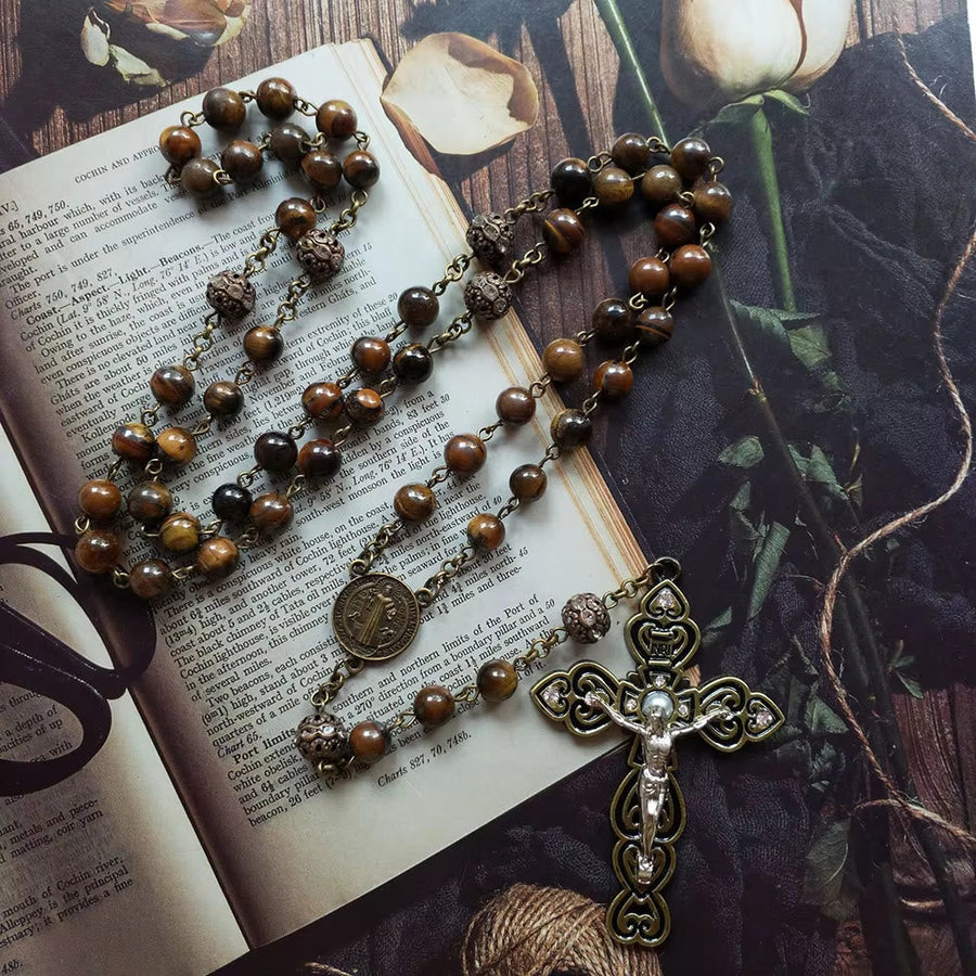 St. Benedict & Crucifix of 8 mm Round Brown Stone Alloy Chain Rosary