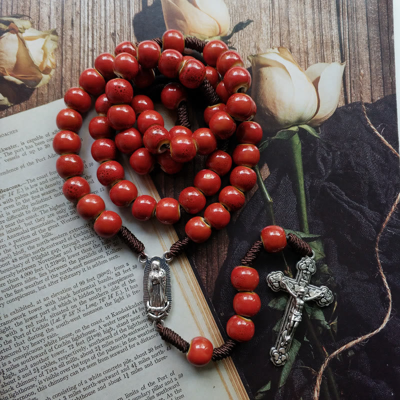 Our Lady of Guadalupe & Crucifix of 10 mm Round Red Ceramic Nylon Cord Rosary